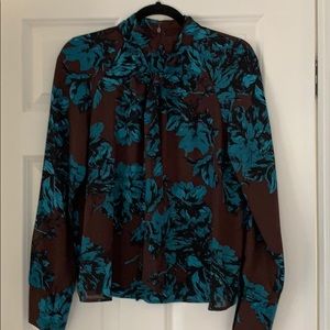 Who What Wear brown and teal floral blouse